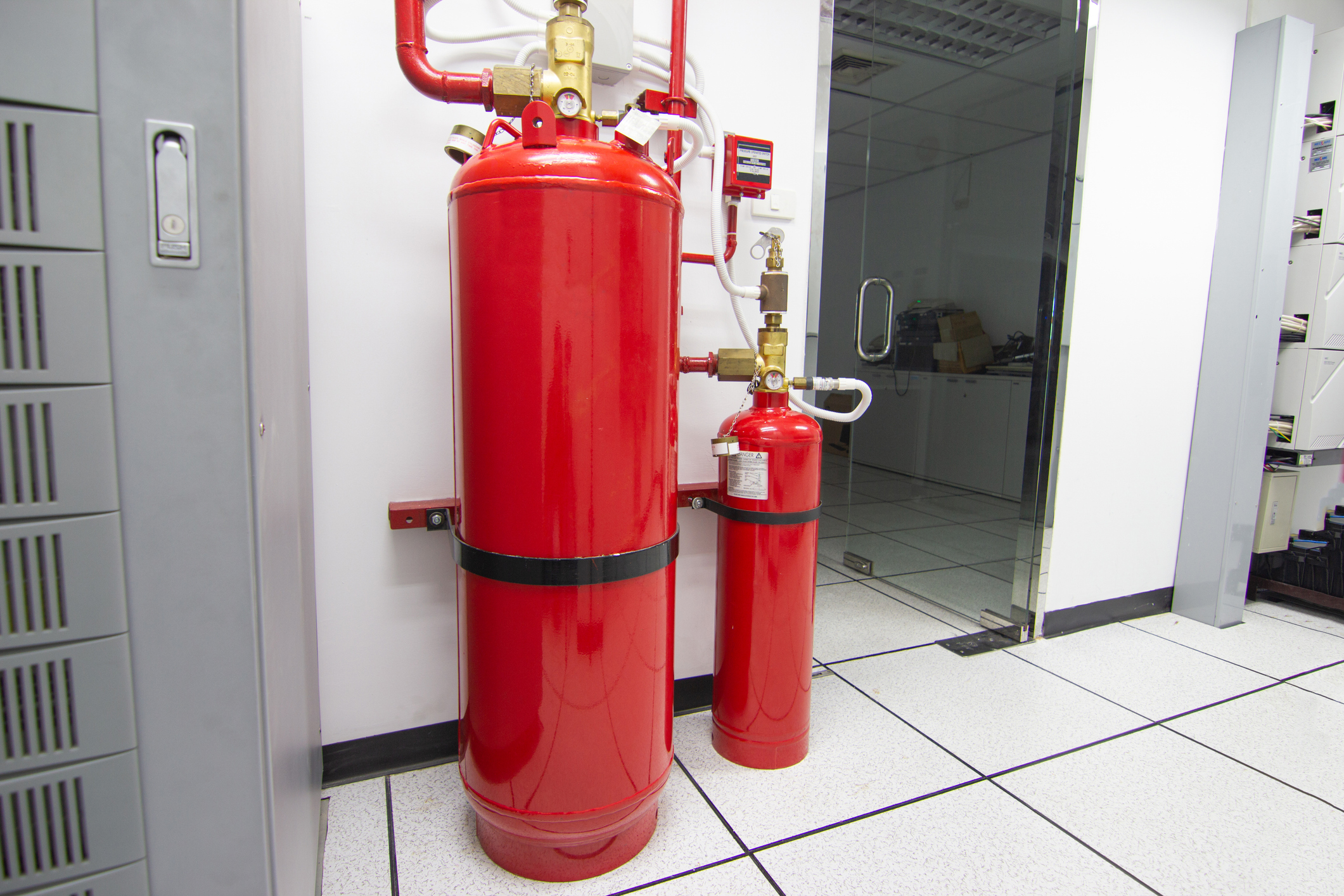 Large red FM-200 Suppression System, FM-200 Gas Flooding System, Gas Suppression System in Data Center Room