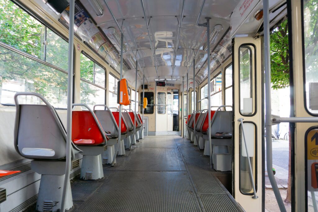 Inside of a public transit bus.