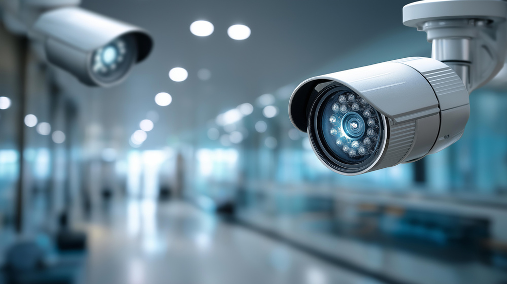 Security camera in bright white hallway, surveillance equipment monitoring premises, safety protection system, commercial building security, facility protection technology,
